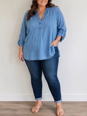 Anne Klein 3X Chambray Lyocell Tunic Blue Denim Boho Coastal